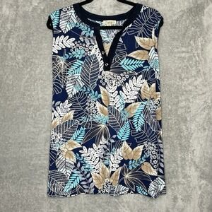 Lavish 2X Shirt Top Blue White Floral Flower Sleeveless V Neck Stretch Textured